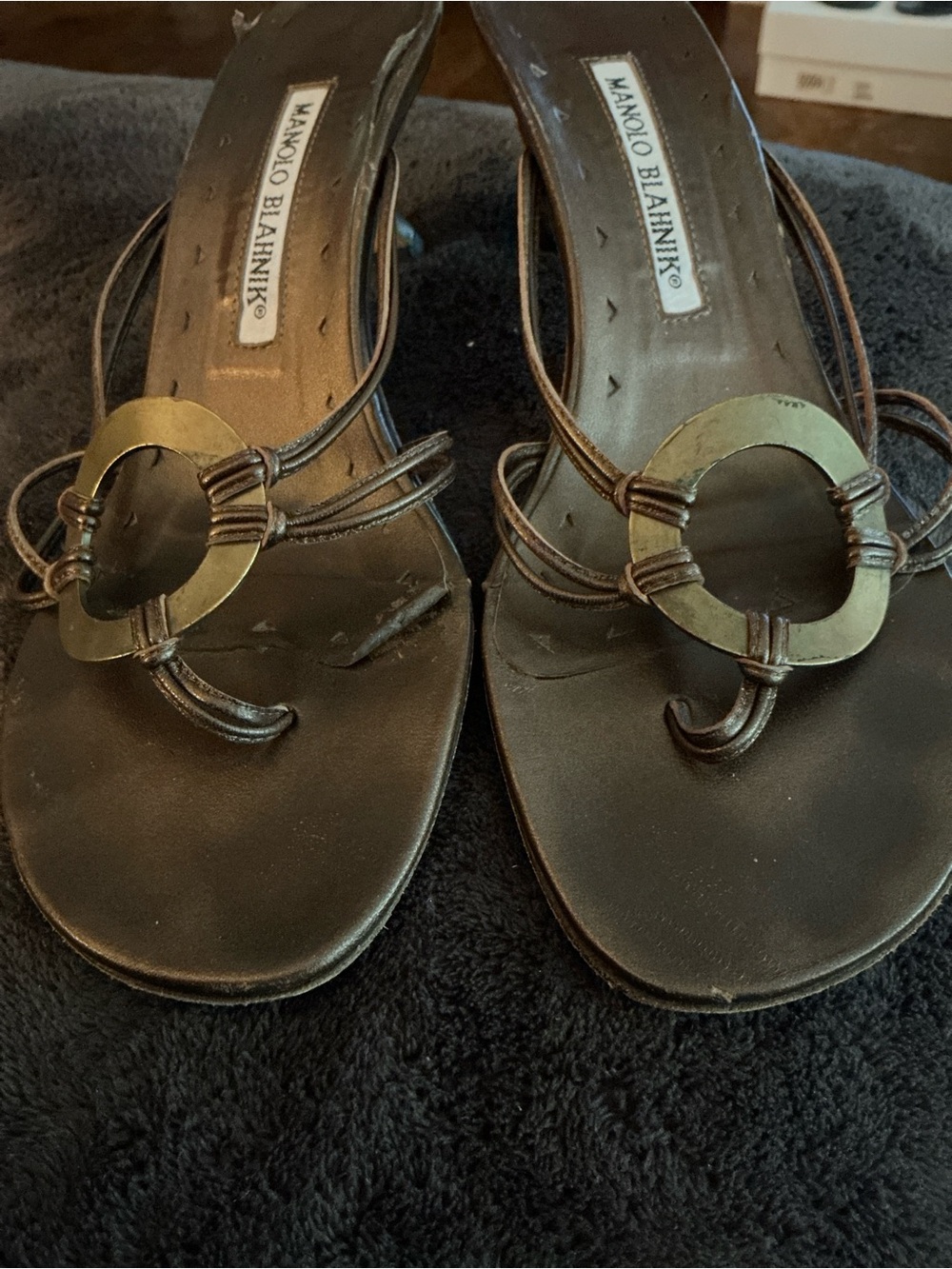 Vintage Manolo Blahnik Brown/Bronze Sandal Slides with Bronze color Ring Detail